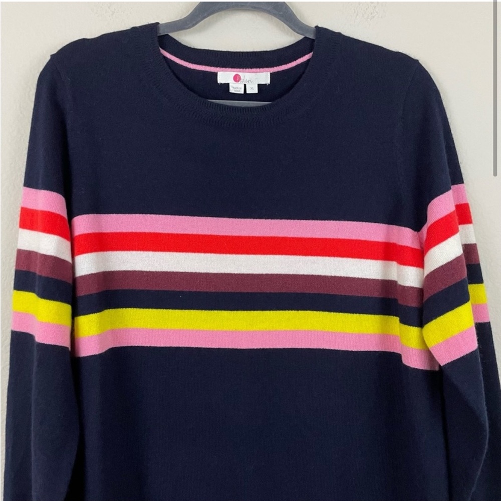 Boden Navy & Rainbow Striped Cashmere Crew Sweater Size XL